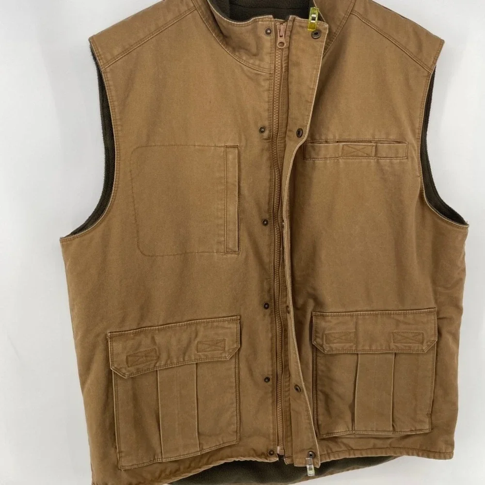 Bit & Bridle Men L Canvas Workwear Vest Fleece Lined Utility Cargo Brown Western